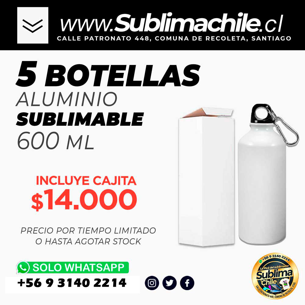 Pack 5 Botellas de aluminio 600 ml Para Sublimación 1 Pack 5 Botellas de aluminio 600 ml Para Sublimación