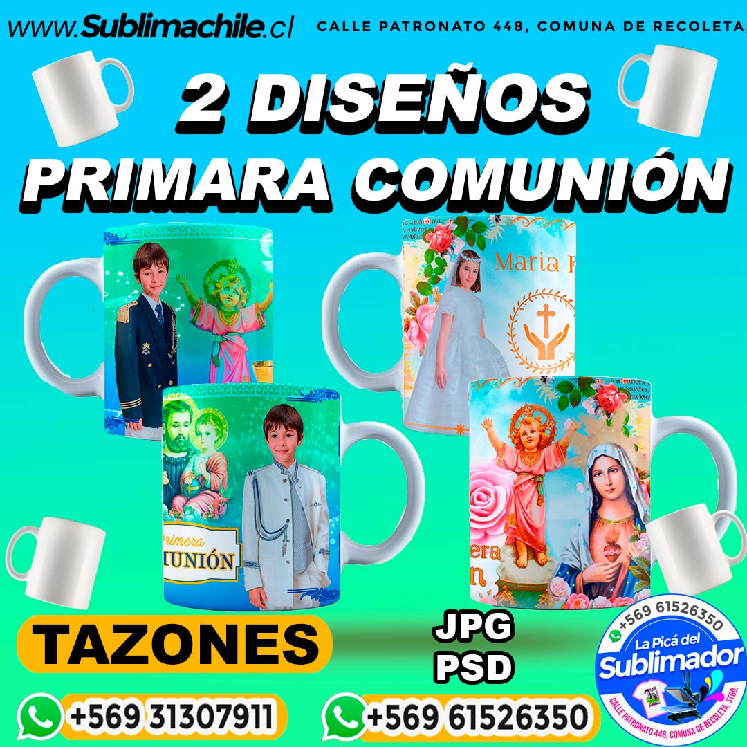 2 Diseños Editables de Primera Comunión para Sublimar en Tazones - JPG y PSD 1 2 Diseños Editables de Primera Comunión para Sublimar en Tazones - JPG y PSD