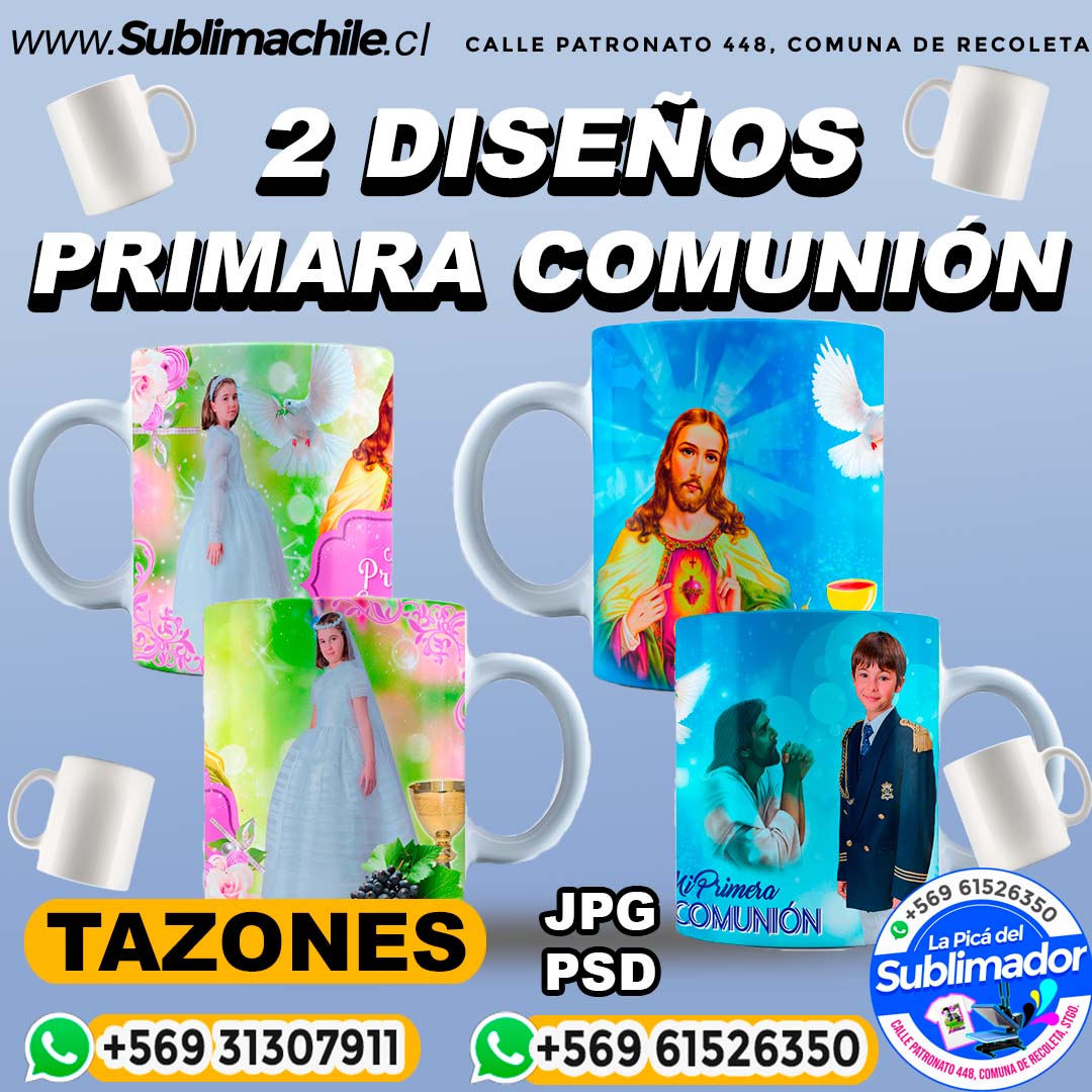 2 Diseños Primera Comunión para Sublimar en Tazones Editables - PSD y JPG 1 2 Diseños Primera Comunión para Sublimar en Tazones Editables - PSD y JPG