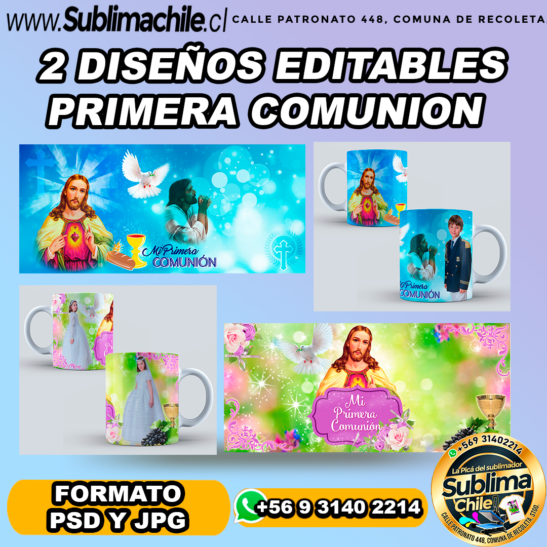 2 Diseños editables de tu primera comunión para sublimar tazones - PSD, JPG 1 2 Diseños editables de tu primera comunión para sublimar tazones - PSD, JPG