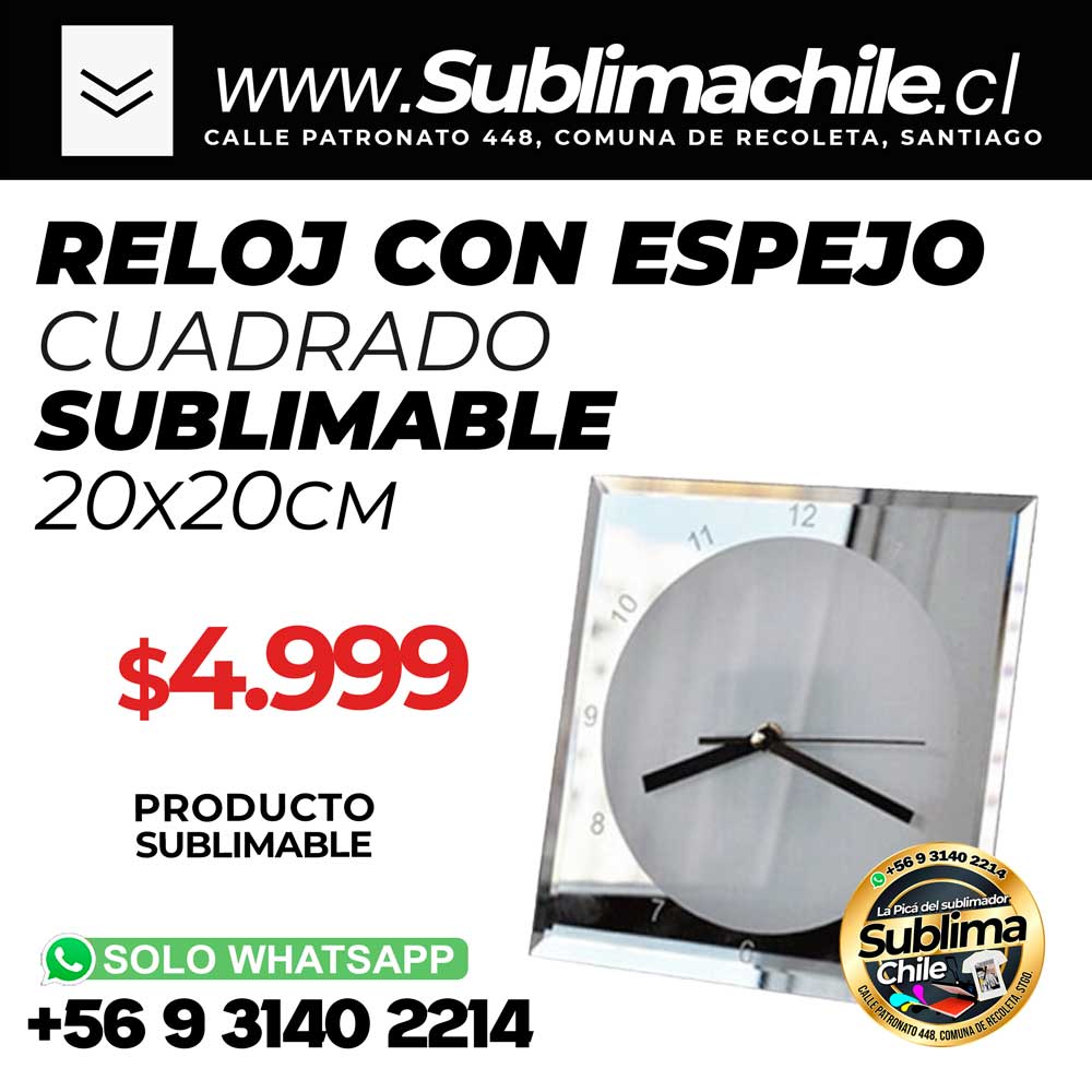 Reloj Cristal con imagen Sublimable - borde espejo 20x20cm 1 Reloj Cristal con imagen Sublimable - borde espejo 20x20cm