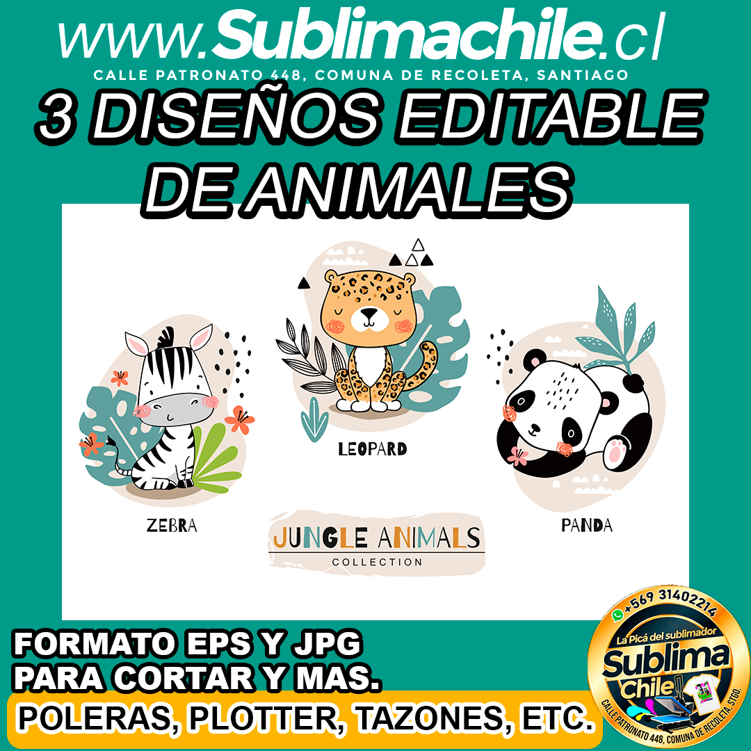 3 Diseños editables de animales para sublimar - EPS y JPG 1 3 Diseños editables de animales para sublimar - EPS y JPG