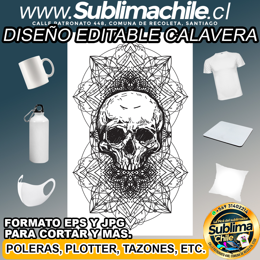 Diseño editable de macabra calavera para sublimar - JPG y EPS 1 Diseño editable de macabra calavera para sublimar - JPG y EPS