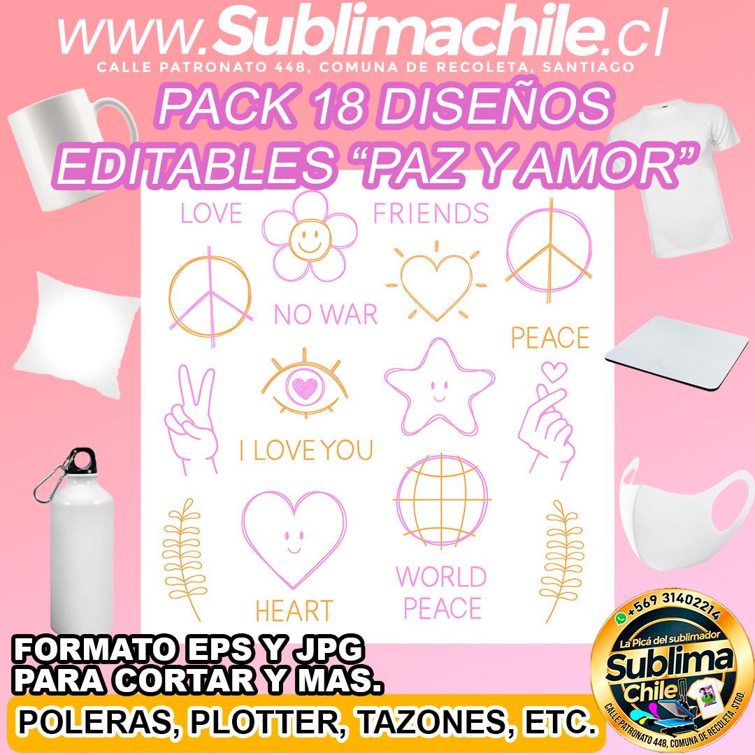 Pack 18 diseños editables de "amor y paz" para sublimar - JPG, EPS 1 Pack 18 diseños editables de "amor y paz" para sublimar - JPG, EPS