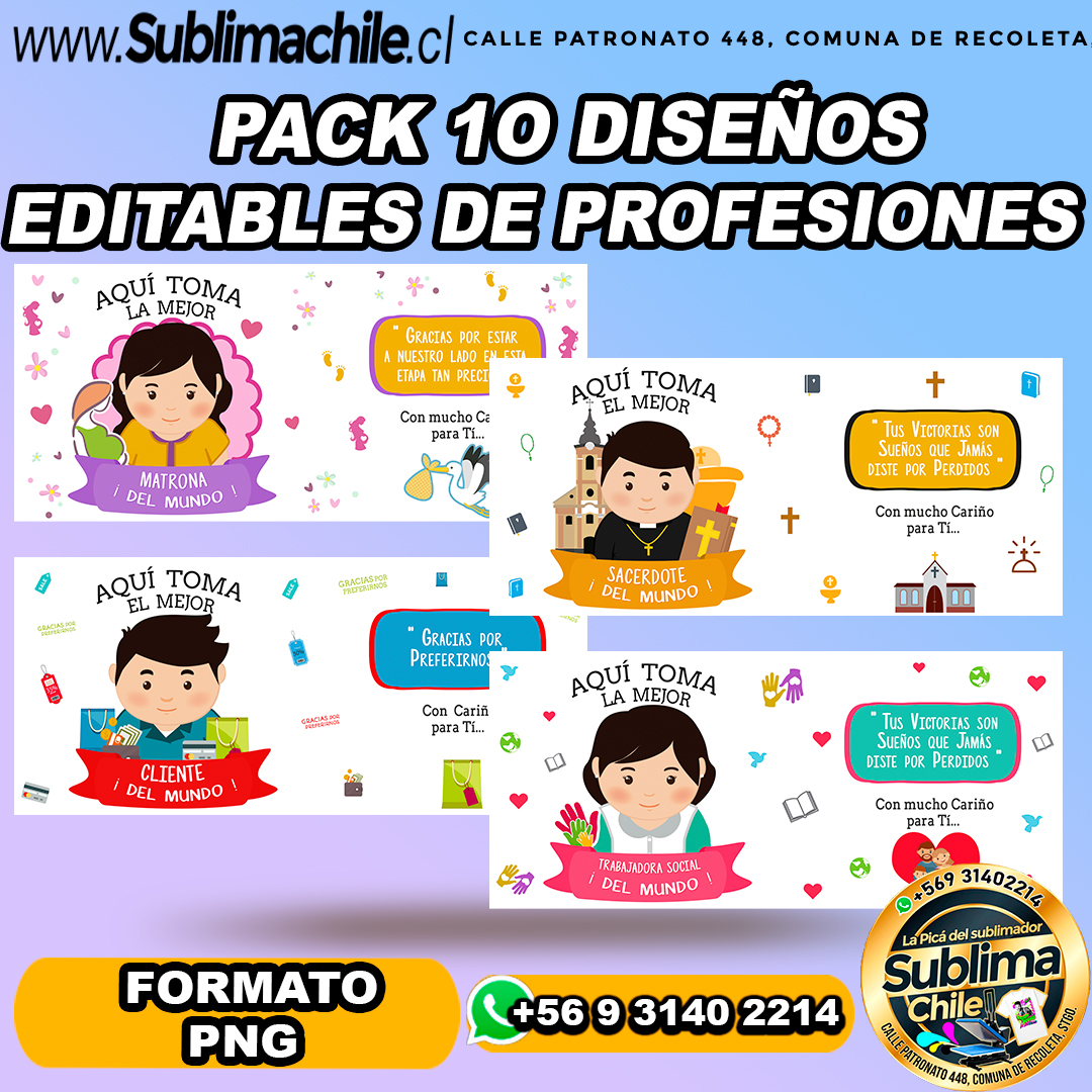 Pack de 10 diseños de profesiones para sublimar tazones - PNG 1 Pack de 10 diseños de profesiones para sublimar tazones - PNG