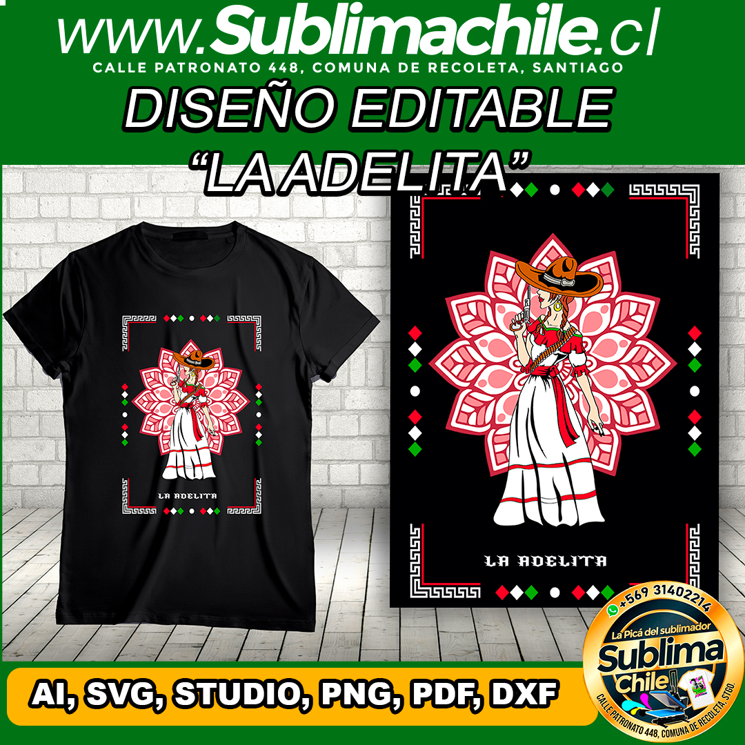 Un diseño editable de "la adelita" para sublimar poleras - AI, SVG, STUDIO, PNG, PDF, DXF 1 Un diseño editable de "la adelita" para sublimar poleras - AI, SVG, STUDIO, PNG, PDF, DXF