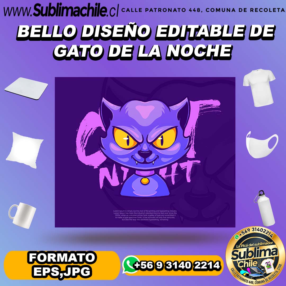 Bello diseño editable de gato de la noche para sublimar - EPS,JPG 1 Bello diseño editable de gato de la noche para sublimar - EPS,JPG