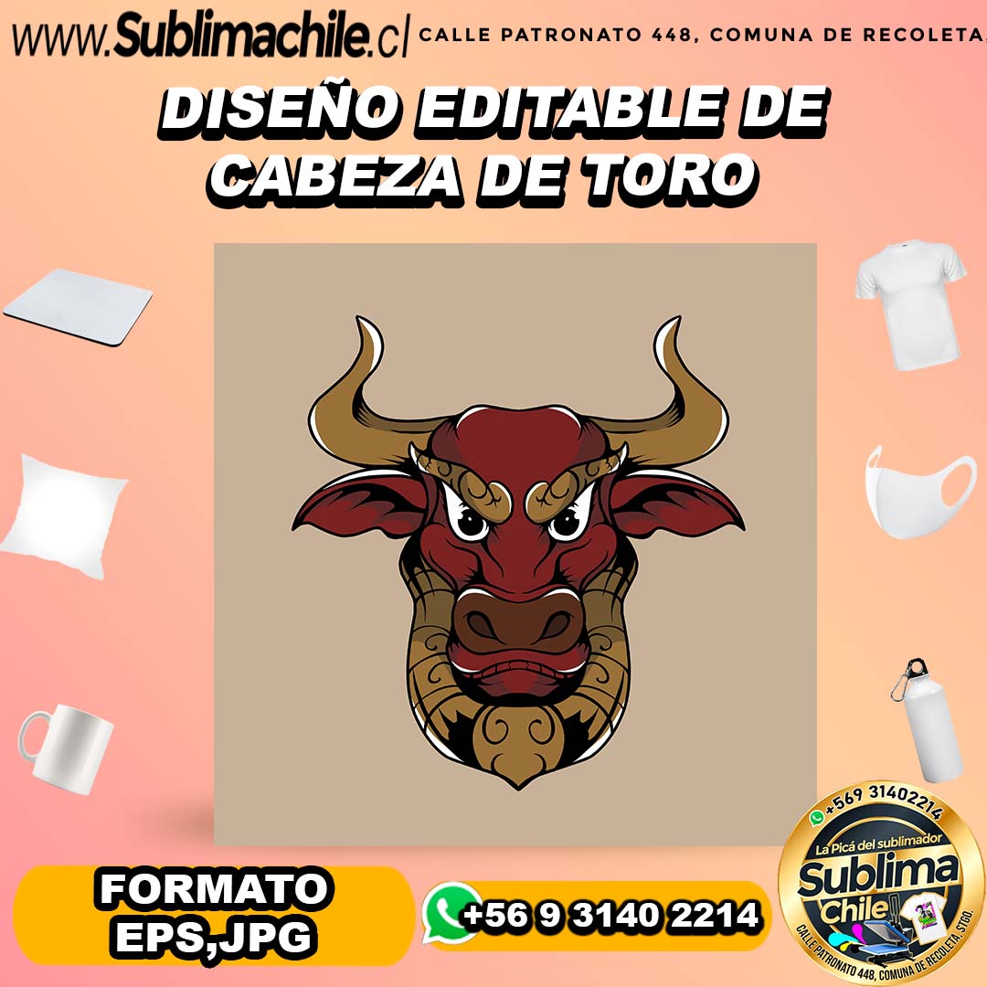 Diseño editable de cabeza de toro para sublimar - EPS,JPG 1 Diseño editable de cabeza de toro para sublimar - EPS,JPG