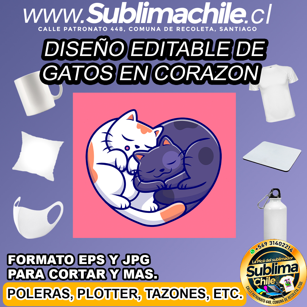 Diseño editable de gato en forma de corazon para sublimar - EPS, JPG 1 Diseño editable de gato en forma de corazon para sublimar - EPS, JPG