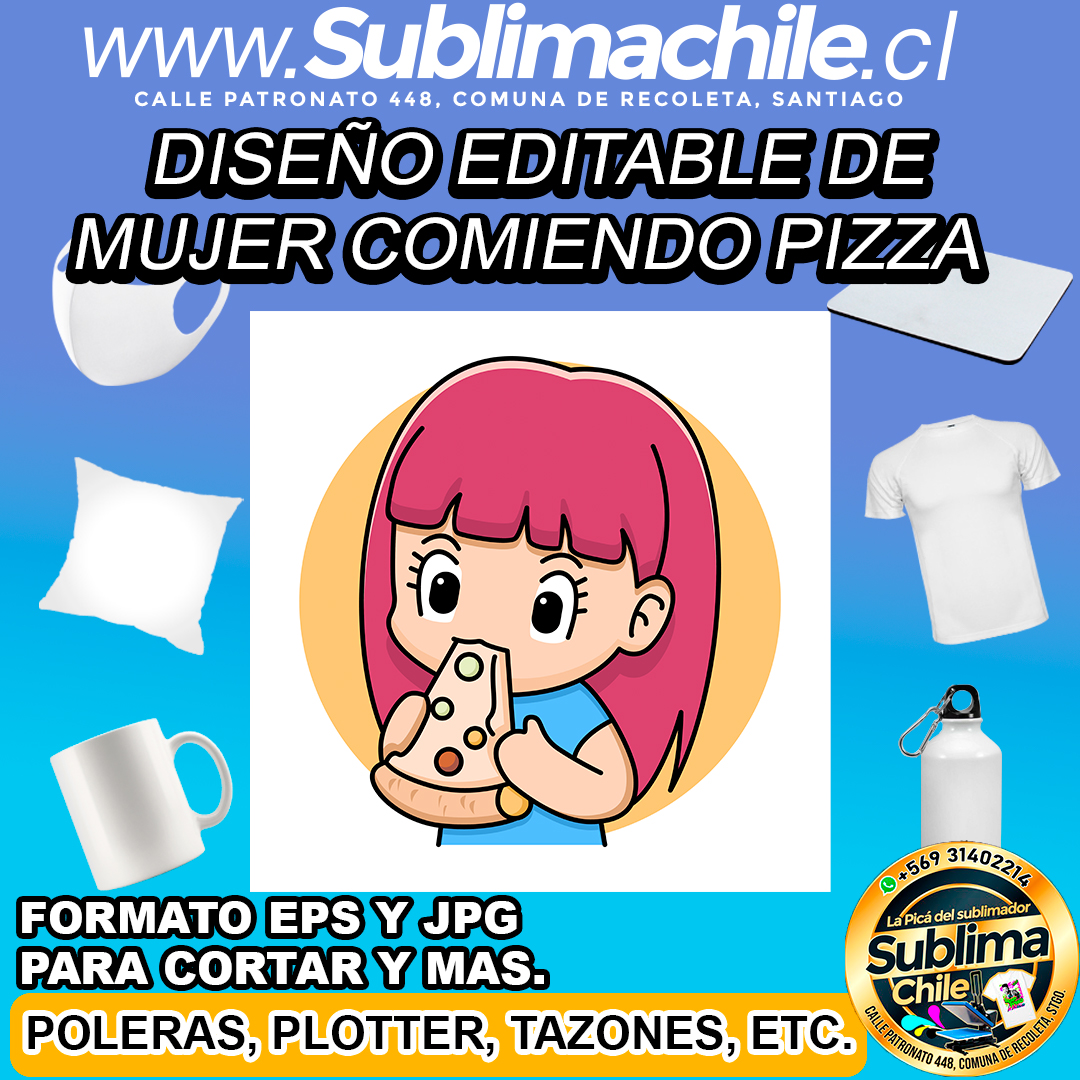 Diseño editable de mujer comiendo pizza para sublimar - EPS y JPG 1 Diseño editable de mujer comiendo pizza para sublimar - EPS y JPG