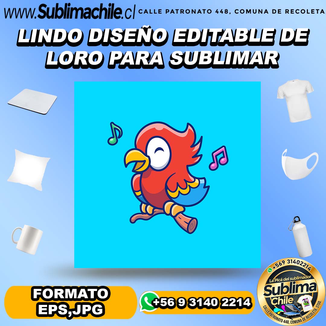 Lindo diseño editable de loro para sublimar - EPS,JPG 1 Lindo diseño editable de loro para sublimar - EPS,JPG