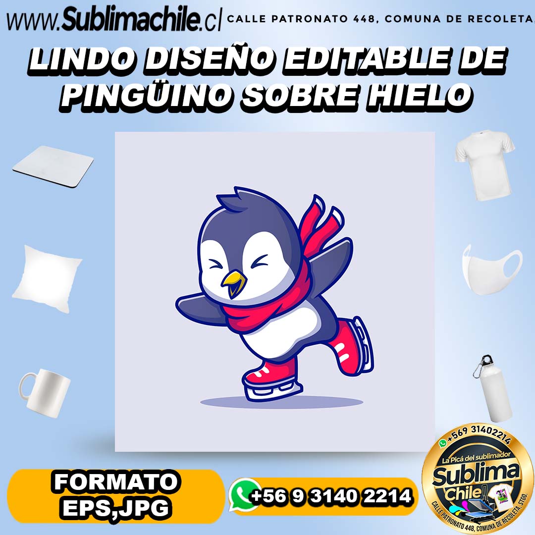 Lindo diseño editable de pingüino sobre hielo para sublimar - EPS,JPG 1 Lindo diseño editable de pingüino sobre hielo para sublimar - EPS,JPG