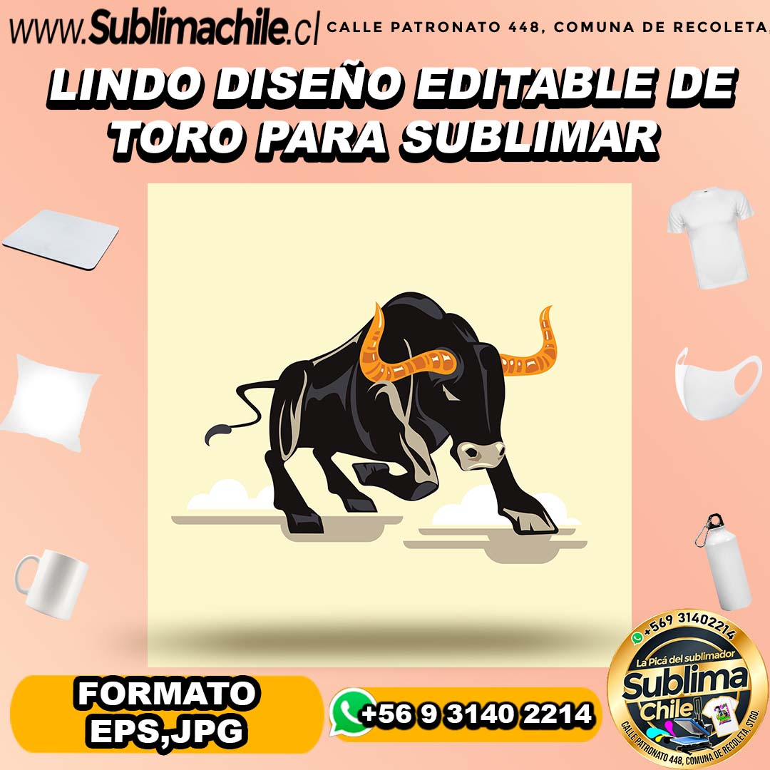 Lindo diseño editable de toro para sublimar - EPS,JPG 1 Lindo diseño editable de toro para sublimar - EPS,JPG