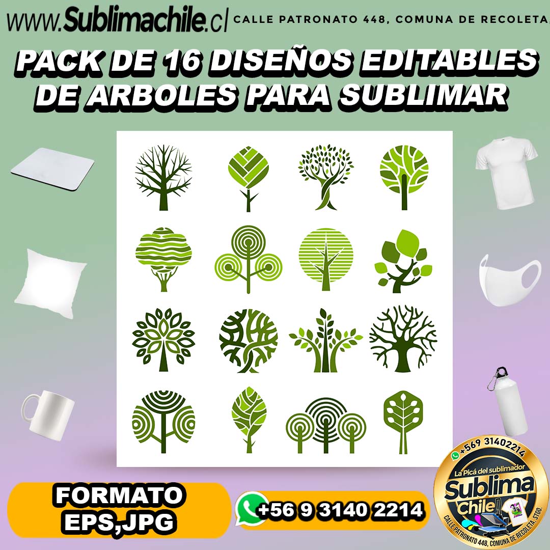 Pack de 16 diseños editables de arboles para sublimar - EPS,JPG 1 Pack de 16 diseños editables de arboles para sublimar - EPS,JPG