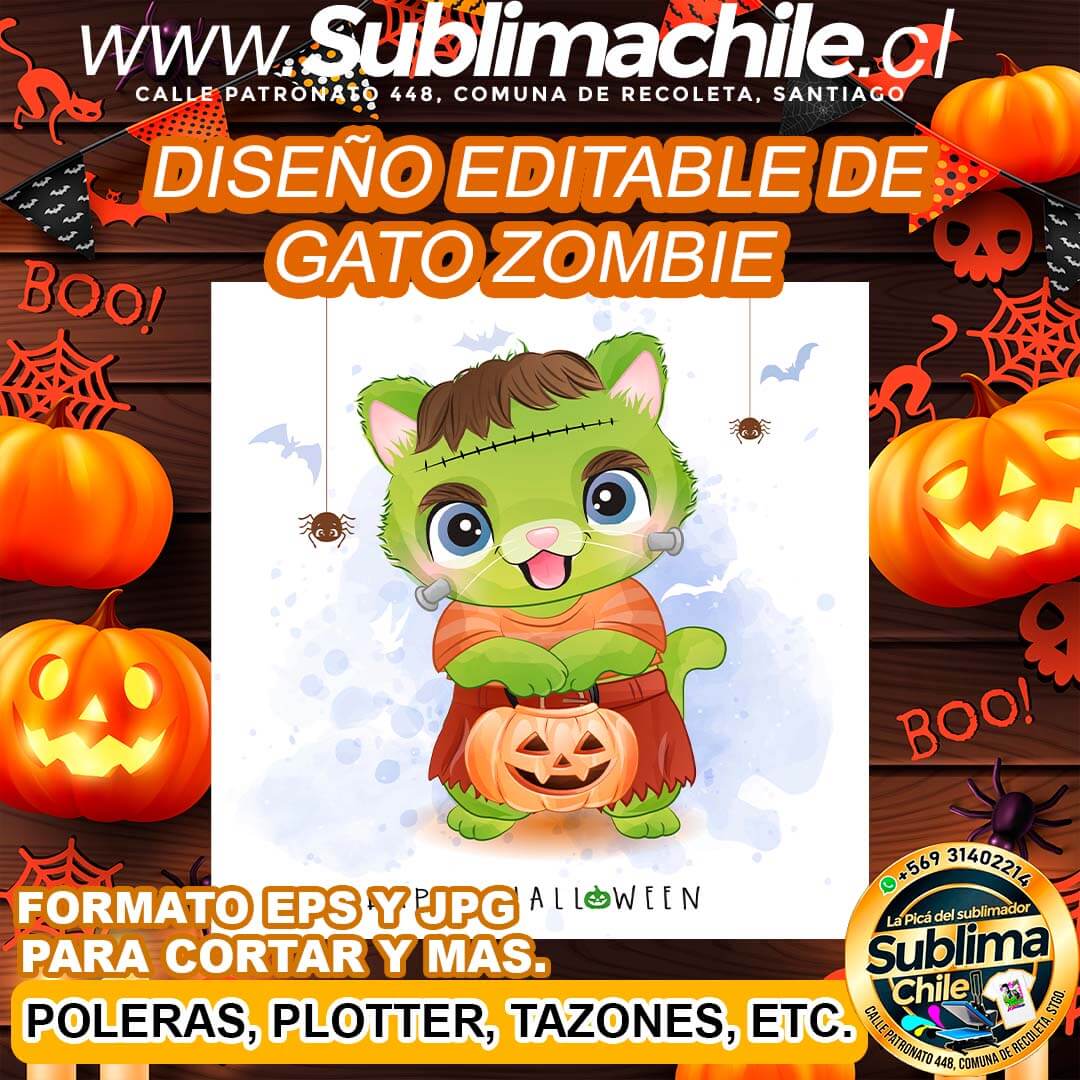 Diseño editable de gato zombie para sublimar - EPS, JPG 1 Diseño editable de gato zombie para sublimar - EPS, JPG