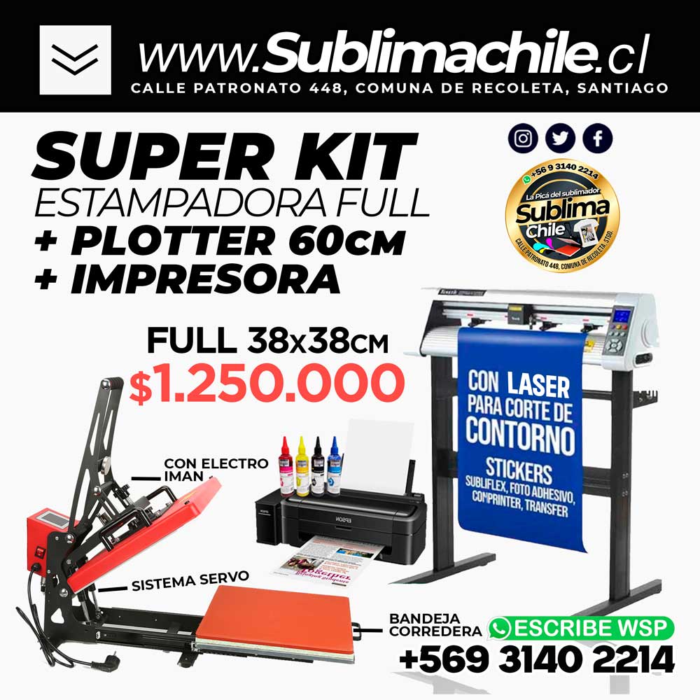Kit del Sublimador N°8 - Estampadora Semiautomática 38x38cm + Impresora (incluye tinta y papel) + Plotter de Corte Profesional 60cm 1 Kit del Sublimador N°8 - Estampadora Semiautomática 38x38cm + Impresora (incluye tinta y papel) + Plotter de Corte Profesional 60cm