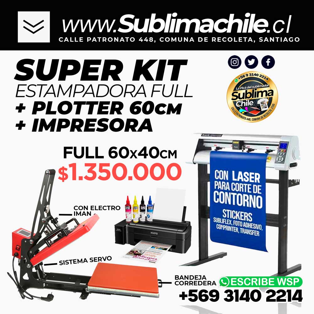 Kit del Sublimador N°9 - Estampadora Semiautomática 60x40cm + Impresora (incluye tinta y papel) + Plotter de Corte Profesional 60cm 1 Kit del Sublimador N°9 - Estampadora Semiautomática 60x40cm + Impresora (incluye tinta y papel) + Plotter de Corte Profesional 60cm